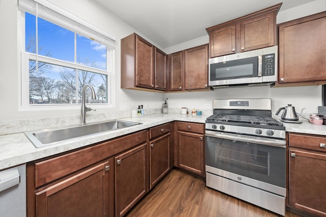 kitchen featuring a sink, light countertops, dark wood-style flooring, and stainless steel appliances