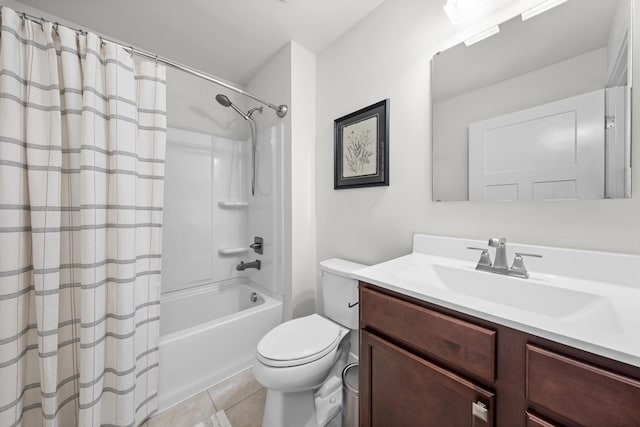 full bath with tile patterned floors, shower / bathtub combination with curtain, toilet, and vanity