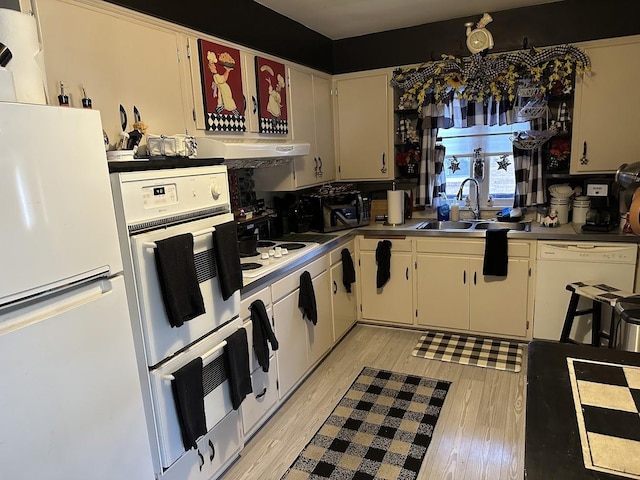 kitchen featuring white appliances, ventilation hood, light wood-style floors, and a sink