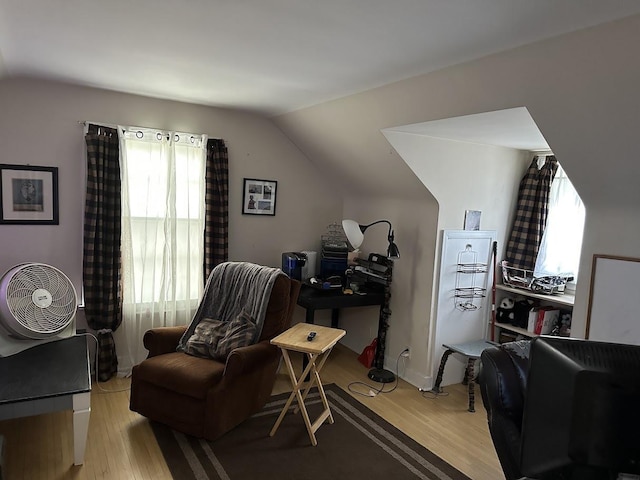 interior space with vaulted ceiling and light wood finished floors