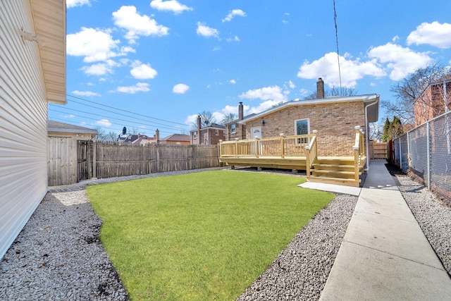 view of yard with a deck and a fenced backyard