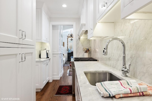 kitchen featuring decorative backsplash, ornamental molding, white cabinetry, and a sink