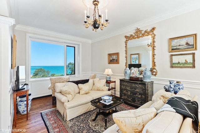 living room featuring an inviting chandelier, wood finished floors, wainscoting, and ornamental molding