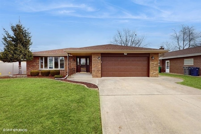 ranch-style home with brick siding, a garage, concrete driveway, and a front lawn