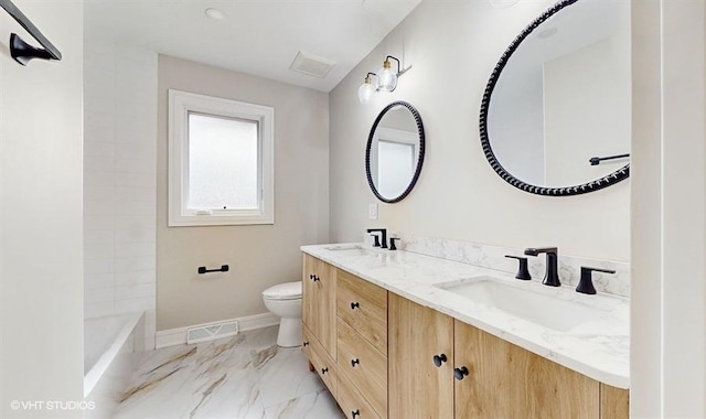 bathroom featuring visible vents, toilet, marble finish floor, a sink, and double vanity