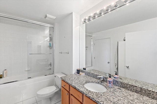 full bathroom with vanity, toilet, visible vents, and enclosed tub / shower combo