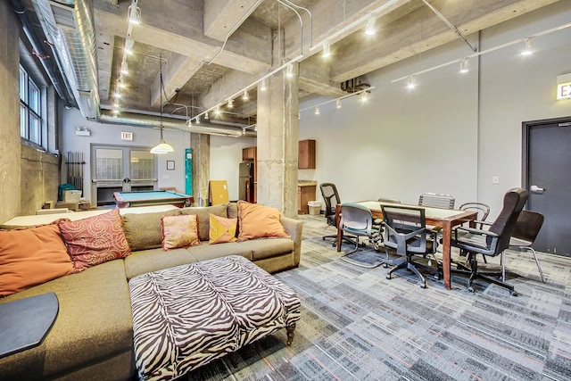 living room with track lighting, carpet flooring, pool table, and a high ceiling