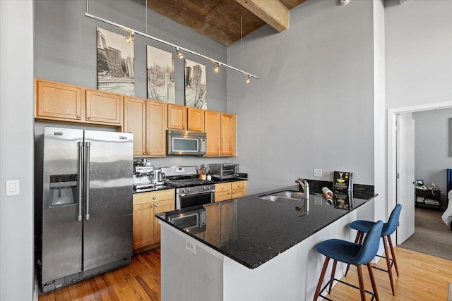 kitchen featuring light wood-type flooring, a sink, a peninsula, appliances with stainless steel finishes, and a towering ceiling