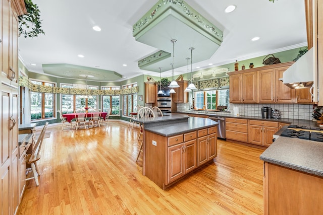 kitchen with dark countertops, ornamental molding, appliances with stainless steel finishes, a raised ceiling, and light wood-type flooring