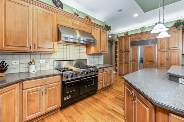 kitchen featuring crown molding, wall chimney range hood, light wood-style flooring, and premium appliances