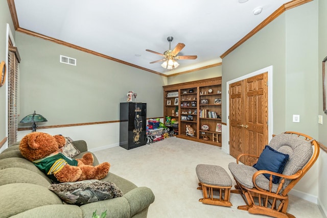 living room with visible vents, baseboards, and carpet flooring