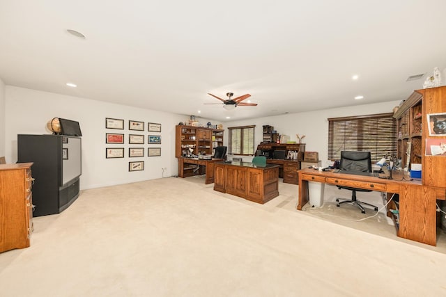 office with recessed lighting, visible vents, light colored carpet, and a ceiling fan