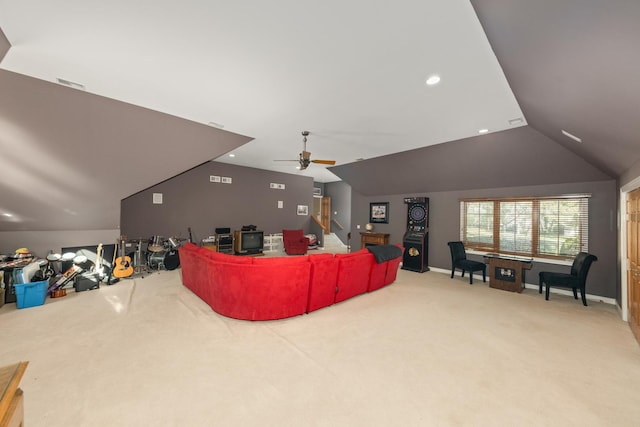 living area with ceiling fan, baseboards, lofted ceiling, carpet flooring, and recessed lighting