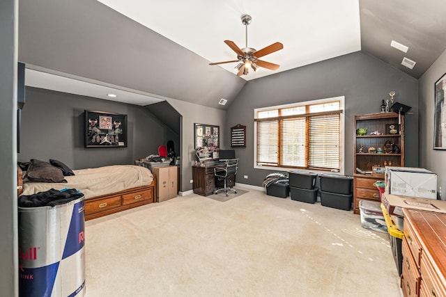 carpeted bedroom featuring baseboards, a ceiling fan, and vaulted ceiling