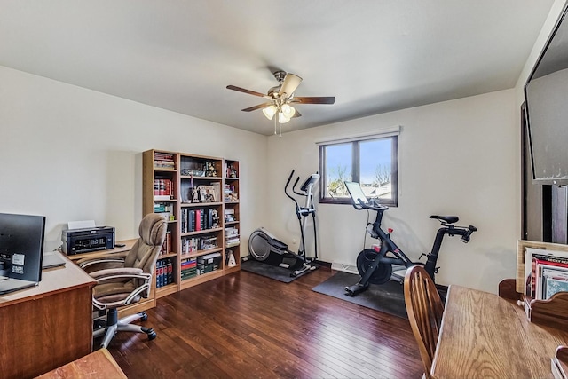 office featuring a ceiling fan and dark wood-style flooring