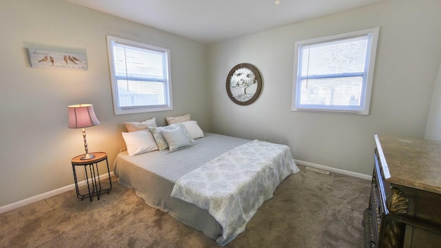 bedroom featuring multiple windows, baseboards, and carpet floors