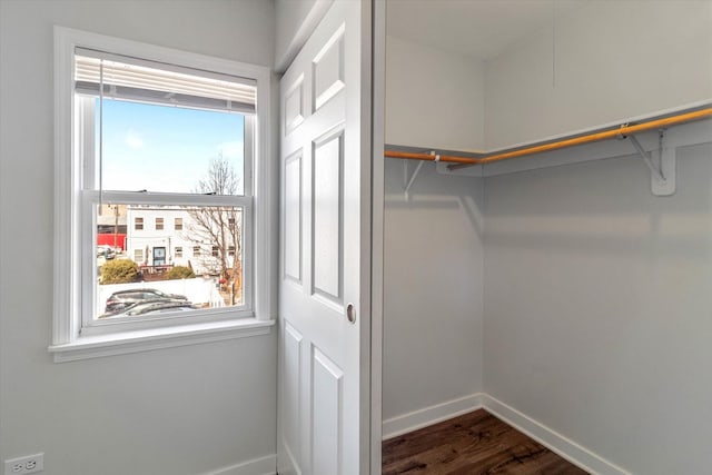 walk in closet with wood finished floors