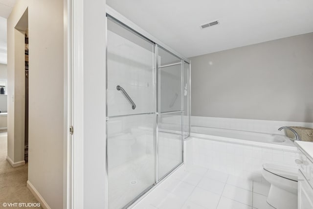 full bath featuring tile patterned flooring, visible vents, a shower stall, toilet, and a bath