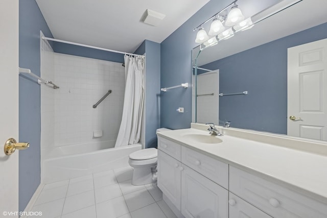 full bathroom with toilet, shower / bath combo, vanity, and tile patterned flooring