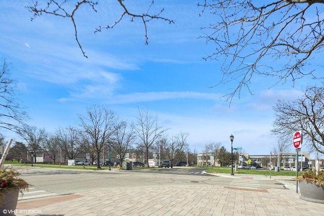 view of street with traffic signs, curbs, street lights, and sidewalks