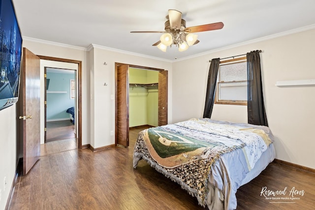495 Water Tower Rd S, Manteno, IL 60950 - bedroom featuring a closet, wood finished floors, baseboards, ceiling fan, and ornamental molding