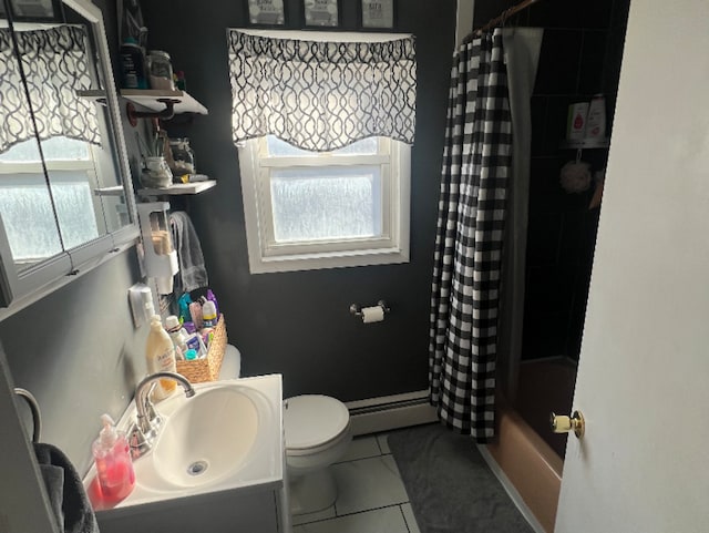 full bathroom featuring toilet, a baseboard heating unit, tile patterned flooring, shower / bath combination with curtain, and vanity