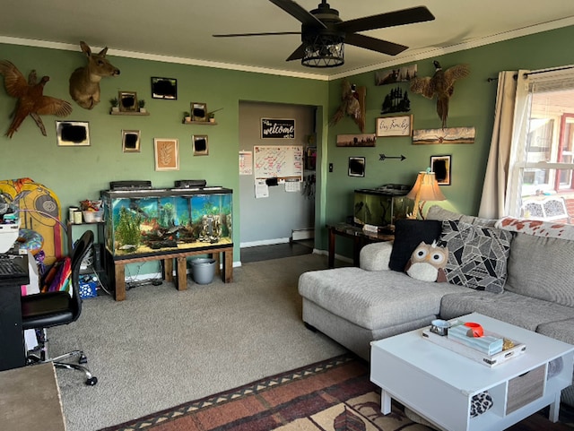 carpeted living room with crown molding, a ceiling fan, and baseboards