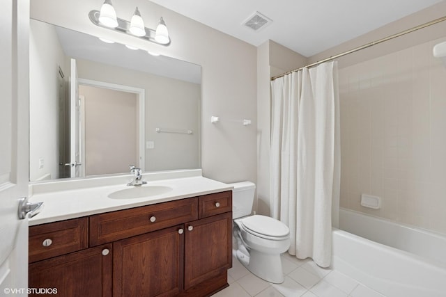 bathroom featuring visible vents, toilet, tile patterned flooring, shower / bath combination with curtain, and vanity