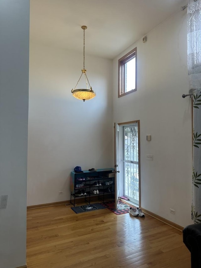 entryway featuring a towering ceiling, baseboards, and wood finished floors