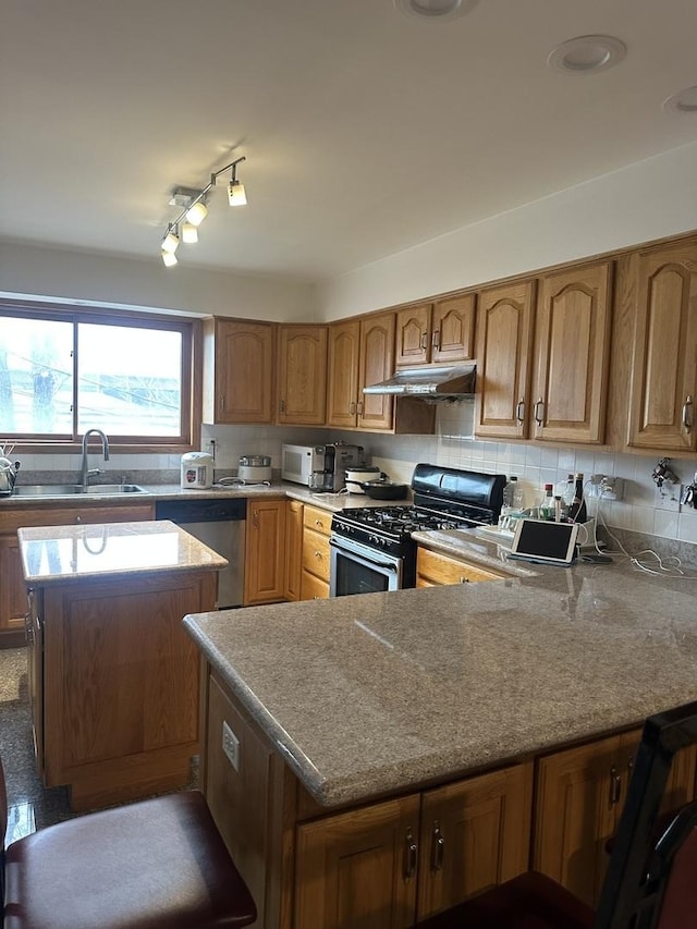 kitchen featuring tasteful backsplash, under cabinet range hood, a peninsula, stainless steel appliances, and a sink