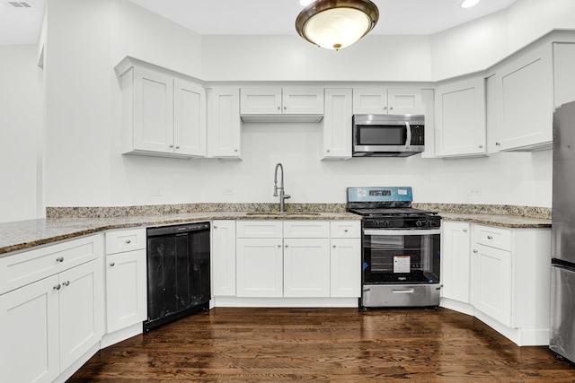 kitchen featuring a sink, stainless steel appliances, light stone counters, and dark wood-type flooring