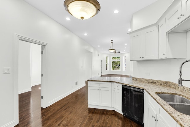 kitchen with dishwasher, recessed lighting, a peninsula, dark wood-style floors, and a sink