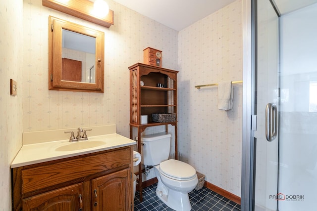 full bath featuring toilet, a stall shower, wallpapered walls, baseboards, and vanity