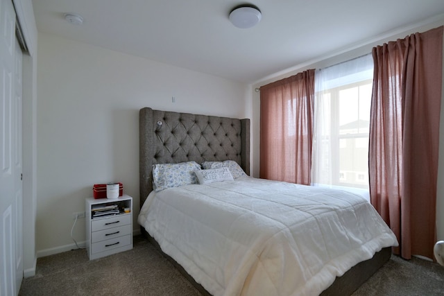 bedroom with baseboards, carpet floors, and a closet