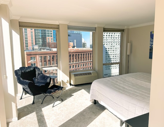 carpeted bedroom with a city view, a wall mounted air conditioner, and ornamental molding