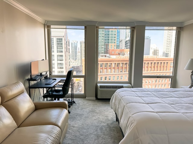 carpeted bedroom with an AC wall unit, ornamental molding, and floor to ceiling windows