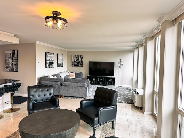 living area with baseboards, an AC wall unit, ornamental molding, and light tile patterned flooring