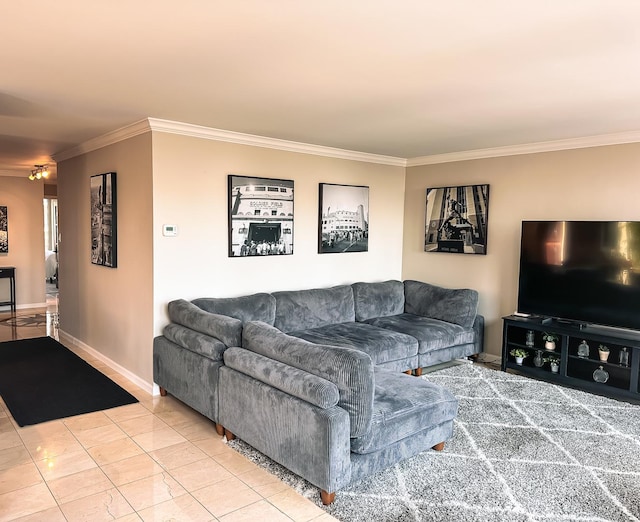 living area featuring light tile patterned floors, crown molding, and baseboards