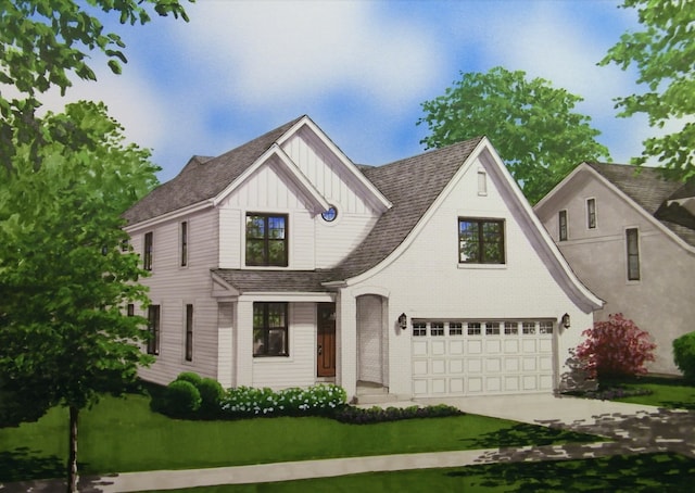 view of front of home featuring brick siding, a shingled roof, concrete driveway, a garage, and board and batten siding