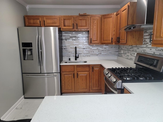 kitchen with marble finish floor, a sink, stainless steel appliances, wall chimney exhaust hood, and light countertops