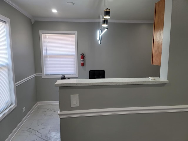 interior space featuring recessed lighting, baseboards, marble finish floor, and crown molding