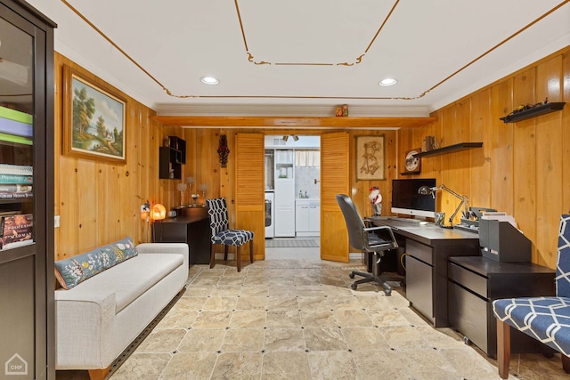 office space with crown molding, wooden walls, and recessed lighting