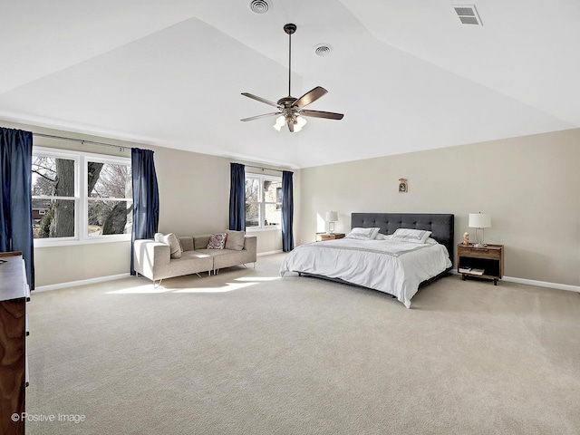 bedroom with visible vents, light carpet, and baseboards