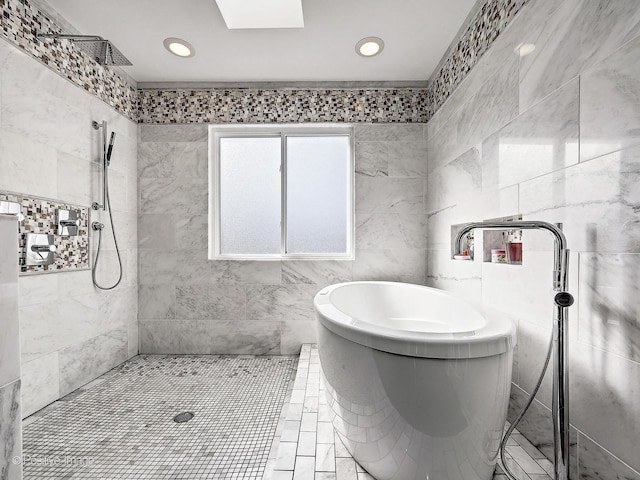 full bathroom featuring tile walls, a freestanding tub, recessed lighting, and a tile shower