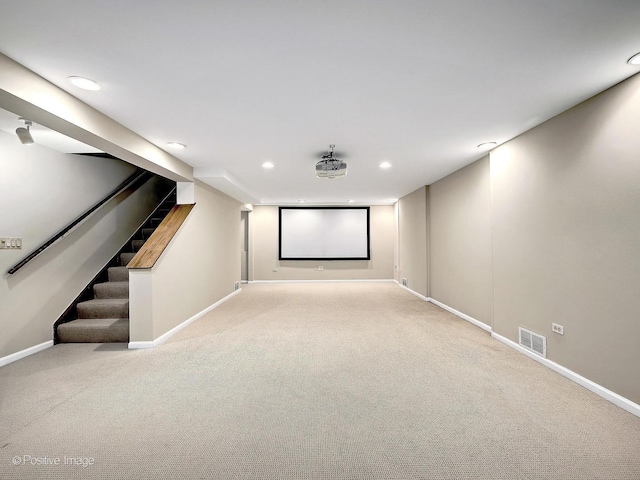 home theater featuring visible vents, recessed lighting, baseboards, and carpet floors