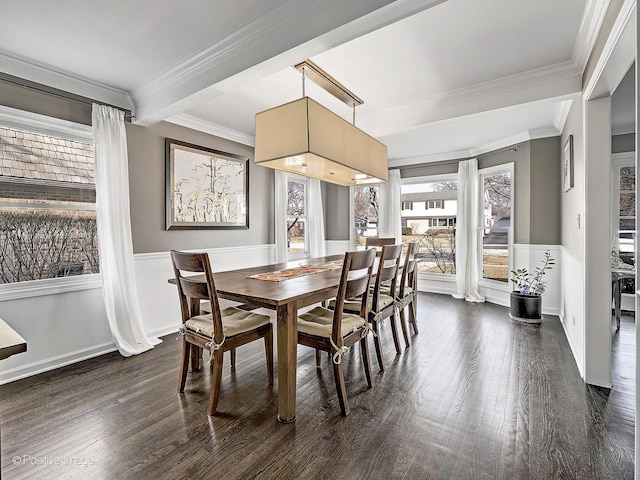 dining area featuring beam ceiling, wainscoting, dark wood-type flooring, and ornamental molding