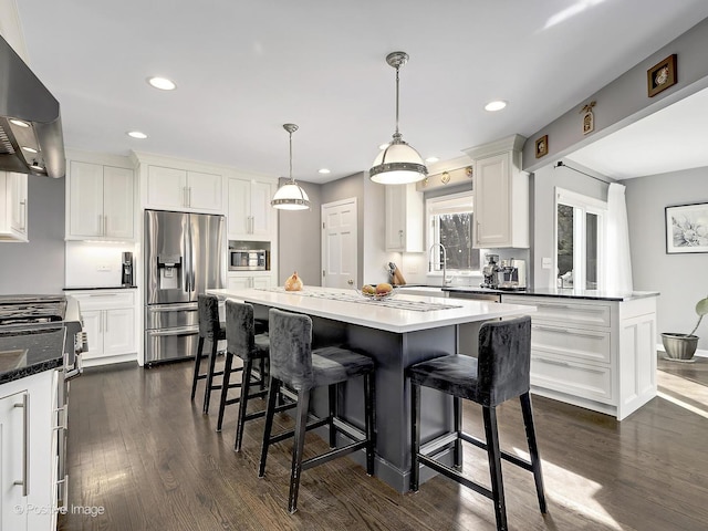 kitchen featuring stainless steel appliances, range hood, dark wood finished floors, and white cabinetry