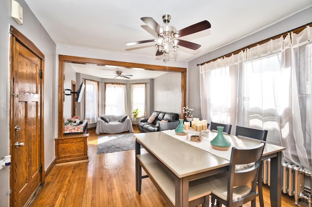 dining room with baseboards, a ceiling fan, radiator heating unit, and hardwood / wood-style flooring