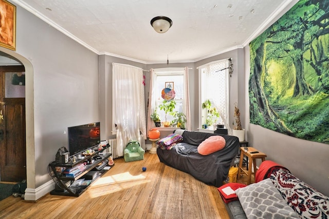 living area featuring radiator heating unit, wood finished floors, arched walkways, and ornamental molding