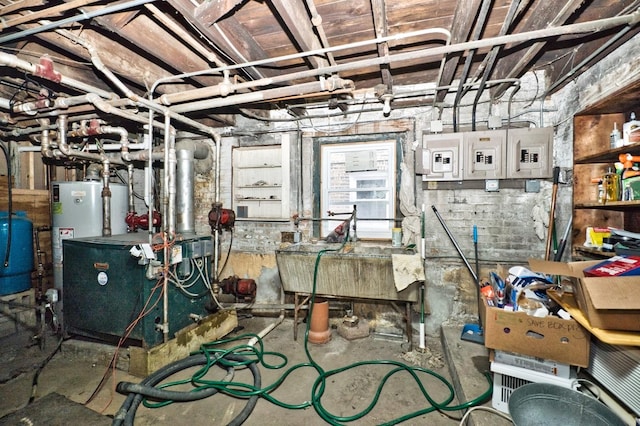 unfinished basement with gas water heater, electric panel, and a heating unit